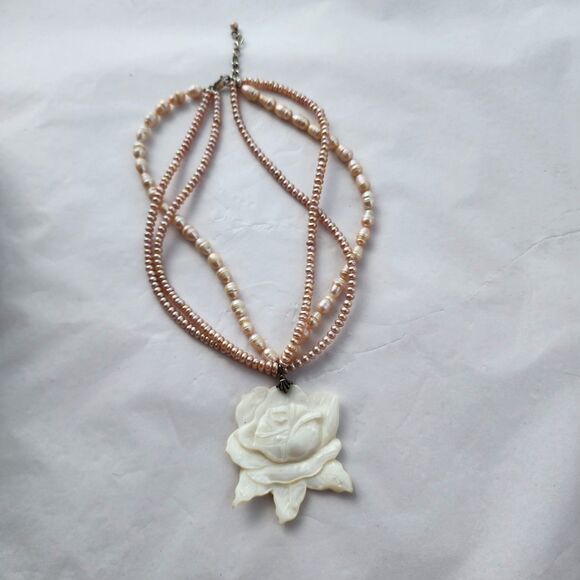 Sterling 925 Carved Mother Of Pearl Rose Pink Genuine Pearl Necklace  Choker - Picture 4 of 10